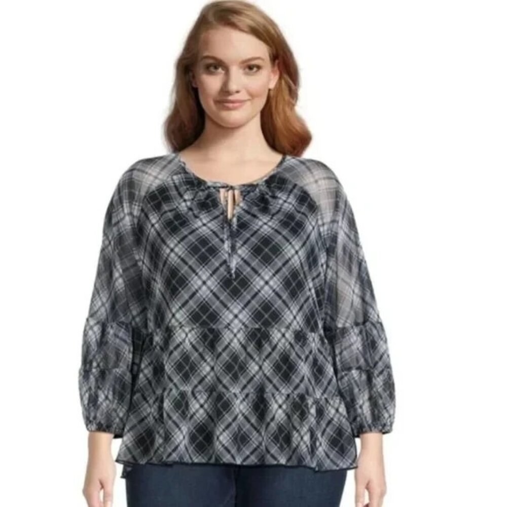 Terra & Sky Blouse Size‎ 4X Mesh Tiered Peasant Keyhole Tiered Ruffle Lined NEW